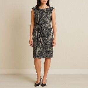 Connected Apparel Dress Size 6 Black Floral Wrap Ruched Sheath Stretch Nordstrom